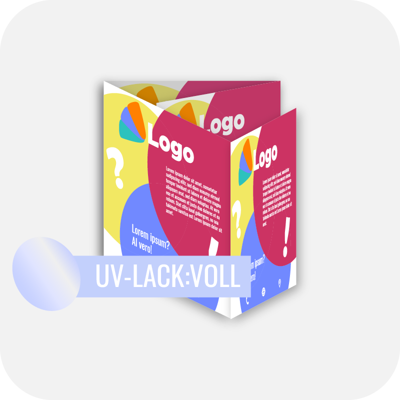 Hochglanz-UV-Lack Faltblatt, gefalzt auf Quadrat 10,5 cm x 10,5 cm, vertikaler Wickelfalz, 8-seitig